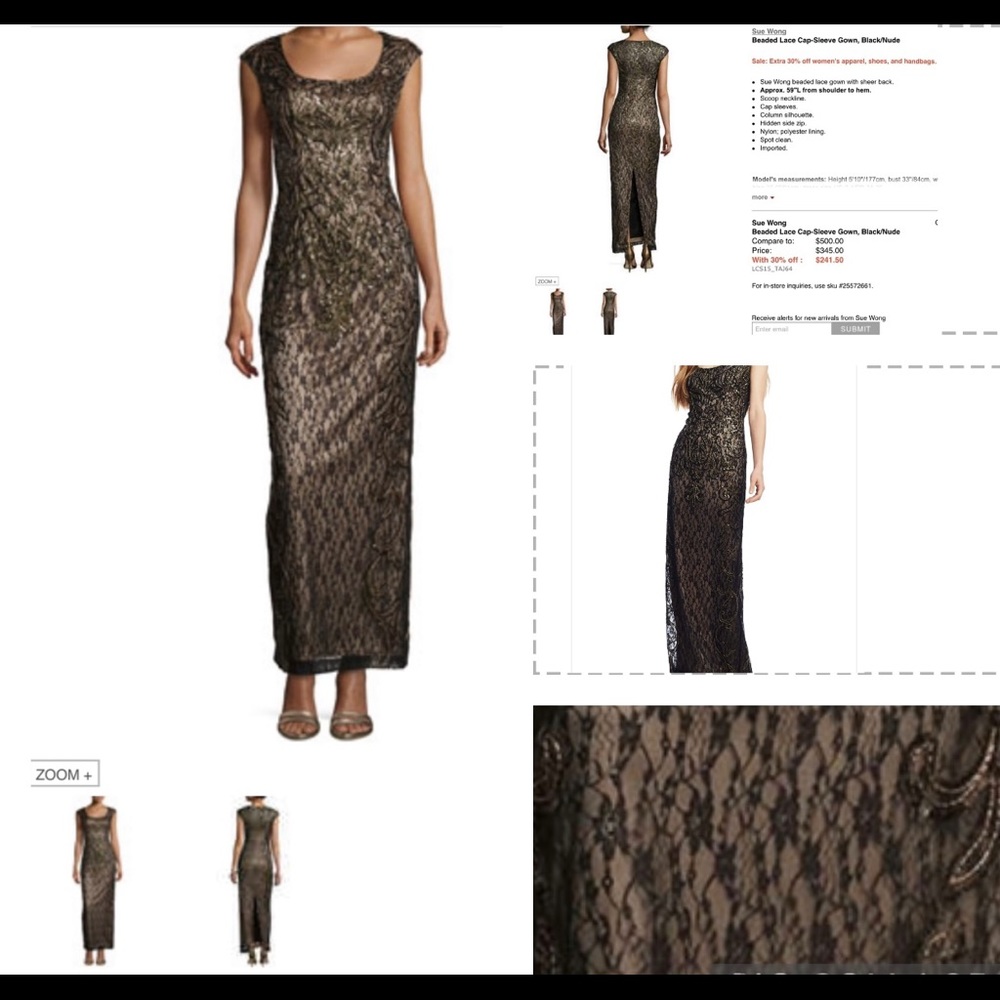A Sue Wong Bronze Lace & Beaded Evening Gown